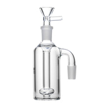 The Human Grade Standard Ash Catcher is a clear glass water pipe attachment with a cylindrical body, a funnel-shaped flower bowl on top, and a side arm featuring ground glass joints for easy connection to other components.