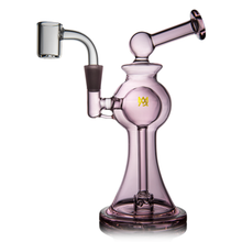 The MJ Arsenal Apollo Mini Dab Rig is a translucent purple piece made from durable borosilicate glass, with a wide base, bent neck, quartz banger, spherical chamber for flavor, and a small gold logo on its body.