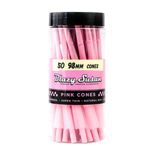 Blazy Susan Pink Paper Cones come in a clear container with a black lid. The super thin, stylish cones are made with natural dye and measure 98mm—ideal for anyone seeking vibrant pink pre-rolled cones.