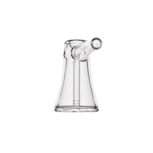 The MJ Arsenal Vulkan Bubbler, made of clear borosilicate glass and featuring a funnel shape with a cylindrical spout, is showcased against a plain white background.