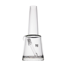 The MJ Arsenal Summit Bong is a clear borosilicate glass bong featuring a wide, stable base, cylindrical chamber, angled downstem, and minimalist logo on the front, shown against a plain white background.