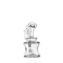 The MJ Arsenal Jammer Mini Dab Rig is a clear borosilicate glass piece featuring a curved mouthpiece and wide, sturdy base, shown against a plain white background.