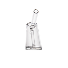 The MJ Arsenal Fulcrum Bubbler, a clear borosilicate glass pipe with a cylindrical mouthpiece and angled body, is shown against a plain white background.