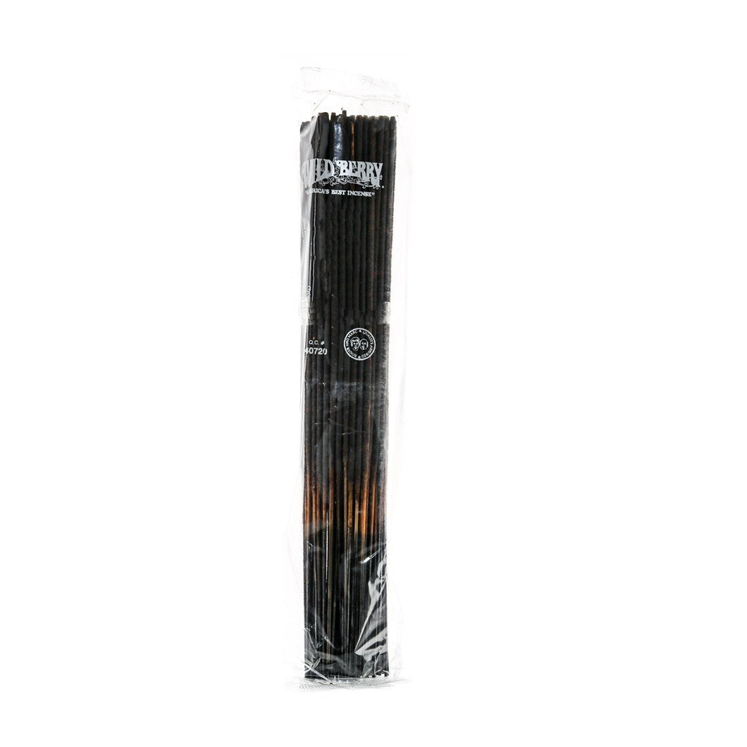 A clear zip top bag holds a bundle of Wild Berry Incense Sticks. White branding decorates the top, while the black sticks with brown tips are visible through the plastic packaging.