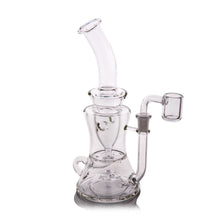 The MJ Arsenal Bloopcycler Dab Rig features clear glass, a bent neck, flared base, side-mounted quartz banger, and visible percolation chambers for an elevated dabbing experience.