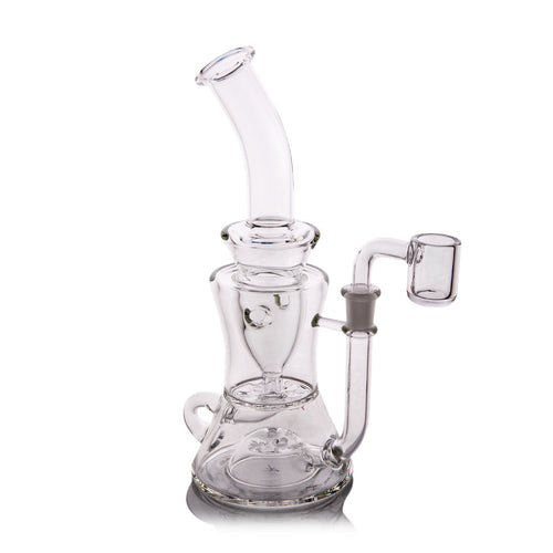 The MJ Arsenal Bloopcycler Dab Rig features clear glass, a bent neck, flared base, side-mounted quartz banger, and visible percolation chambers for an elevated dabbing experience.