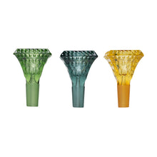 The Human Grade Diamond Glass Bowl Slide 14mm features three decorative tops in green, blue, and yellow with flared, textured designs—perfect as unique bong accessories for any 14mm water pipe.