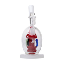 The Human Grade Mushroom Globe Glass Rig is a clear borosilicate glass pipe with a rounded base and vibrant red, blue, green, and black accents, inspired by Mushroom Globe Dab Rig designs, shown against a white background.
