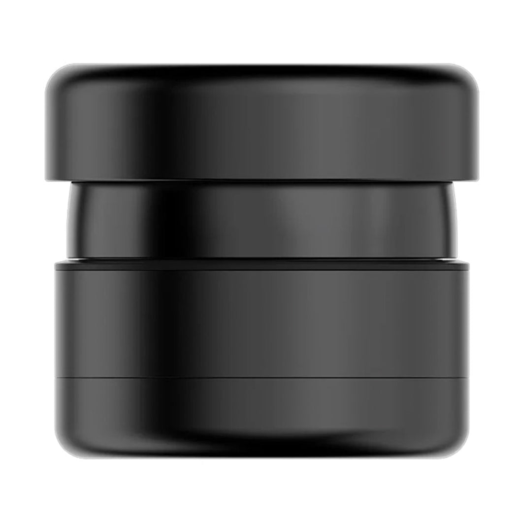 A sleek black cylindrical container with smooth edges and a fitted lid, perfect for stylishly storing your Flower Mill 2.5