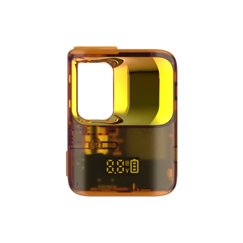 The CCELL Stylo 510 Thread battery is a compact, rectangular amber and yellow device with a digital display for voltage and battery levels, variable voltage control, and a large cutout on the upper left side.