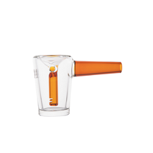The MJ Arsenal Basin Bubbler is a clear borosilicate glass cup with an orange handle and inner element, featuring a modern, minimalist design inspired by mini bubbler aesthetics, shown here on a white background.