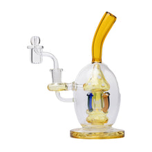 The Human Grade Mushroom Globe Glass Rig is made of durable borosilicate glass, with a yellow-tinted mouthpiece and base, mushroom-shaped percolator, colorful accents, and a 14mm quartz bucket-compatible side attachment.