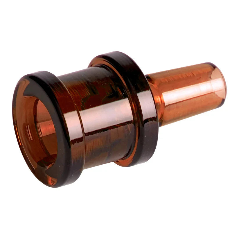A close-up of the Gear Premium 14mm XL Sugar Barrel Glass Bowl, a brown, translucent cylindrical piece with a wider end for fitting a 14mm water pipe and a tapered smaller opening, displayed on a white background.
