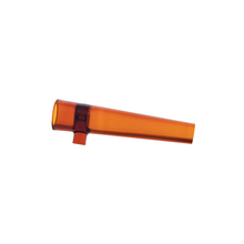 The MJ Arsenal Chillum is an orange glass pipe with a cylindrical, slightly tapered shape and a small side mouthpiece, offering a sleek and portable smoking accessory. It is shown against a plain white background.
