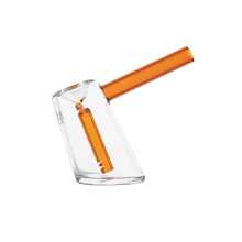 The MJ Arsenal Fulcrum Bubbler is a glass smoking pipe made from durable borosilicate glass, featuring a transparent body with bold orange accents on the mouthpiece and inner design, shown against a white background.