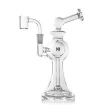 The MJ Arsenal Apollo Mini Dab Rig is made from durable borosilicate glass with a bent neck mouthpiece, spherical chamber, flared base, and side-mounted quartz banger for great flavor. A decorative logo is displayed on the chamber.