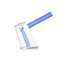 The MJ Arsenal Fulcrum Bubbler is a borosilicate glass hand pipe with a transparent body, blue handle, and modern angular design that showcases a visible bowl and downstem in the main chamber.