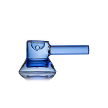 The MJ Arsenal Grotto Glass Pipe is a modern, translucent blue borosilicate hand pipe featuring a cylindrical bowl and straight handle, shown on a white background with its reflection underneath.