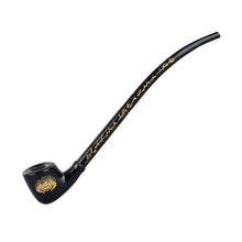 A long, black Lord Of The Rings Pipe with gold leaf-like patterns on the stem and a gold decorative design on the bowl, displayed against a white background.