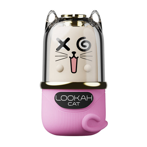 The Lookah Cat Vaporizer 510 Thread Battery features a cute capsule design with cat face graphics, X and spiral eyes, a smiling mouth, pink ears and curled tail, an 800mAh variable power battery, and LOOKAH CAT label—perfect for 510 tanks.