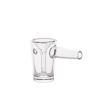 The MJ Arsenal Basin Bubbler is made from borosilicate glass, with a clear cylindrical base and a short angled side tube—perfect for mini bubbler or water filtration setups, shown against a white background.