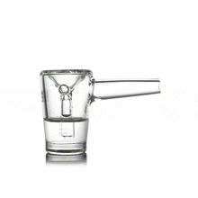 The MJ Arsenal Basin Bubbler, made of clear borosilicate glass, is shown filling and pouring water through its side spout, showcasing its unique mini bubbler design against a white background.