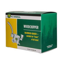 A product box for the MJ Arsenal Woodchipper Blunt Bubbler features green and yellow colors, a bubbler illustration with trees, and text: “Backwood graded — suitable for trees of all sizes!”.
