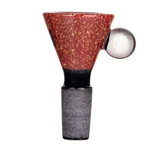The MJ Arsenal Dichro Flower Bowl is a handmade borosilicate glass piece with a conical shape, speckled red and yellow design, clear round side handle, and frosted gray 14mm stem.