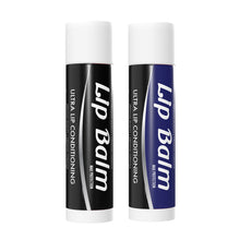 Two tubes of lip balm, one black and one dark blue, labeled "Lip Balm Ultra Lip Conditioning Max Protection," stand upright—evoking the sleek design of the Penjamin Lip Balm Vaporizer 510 Battery from Smyle Labs.
