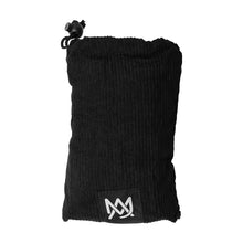 The MJ Arsenal Padded Drawstring Pouch is a small black corduroy bag for glass accessory storage, featuring a white stylized logo patch near the bottom center.