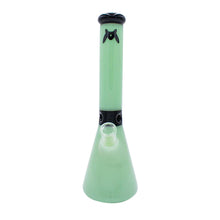 The MAV 13.5" Mini Zebra Beaker Water Pipe is a translucent green 14mm borosilicate glass bong with an ice pincher, black-rimmed mouthpiece, and black logo on the neck, displayed against a white background.