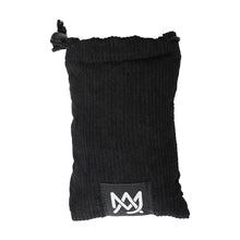 The MJ Arsenal Padded Drawstring Pouch is a small black, ribbed pouch featuring a white geometric logo patch, ideal for safely storing glass accessories.
