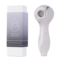 A polished light-gray Gemstone Spoon Pipe with a gemstone bowl sits beside its white and gray packaging—ideal for those seeking healing gemstones.