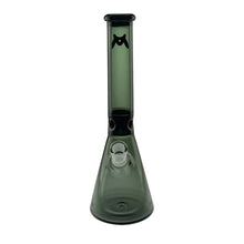 The MAV 13.5" Mini Zebra Beaker Water Pipe is a translucent gray borosilicate glass bong with a straight neck, black zebra design, wide base, 14mm slanted bowl attachment, and an ice pincher for smooth, cool hits.