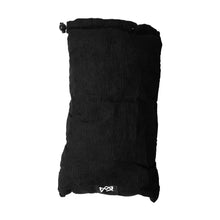 The MJ Arsenal Padded Drawstring Pouch is a black, textured corduroy bag with an adjustable top and small white logo at the bottom, perfect for stylish glass accessory storage, shown on a white background.