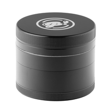 The BIGFUN! Large Grinder is a black cylindrical aluminum grinder with textured edges and a white abstract logo on the top lid, displayed against a plain white background.