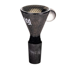 The MJ Arsenal Dichro Flower Bowl is a handmade black glass bowl with a funnel shape, narrow base, wide top, white logo on the side, and a rounded protrusion near the top.