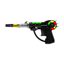 The Penjamin Raygun Vaporizer 510 Thread Battery features a black body with green and red accents, a colored circular detail near the back, yellow and silver barrel, ergonomic trigger handle, and convenient USB-C charging.