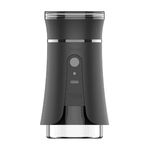 The Yocan iShred Electric Grinder is a black, cylindrical grinder with a transparent bottom, central button, and 