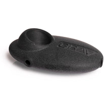 The Grav Sandblasted Pebble Spoon Pipe is a black, oval, textured matte plastic hand pipe with a circular indented area embossed with "GRAV," a small hole on one side, and an opening at the opposite end.