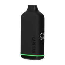 The Veil Bar NEO is a black, rectangular vape featuring a digital display, "CARTISAN" branding on the side, a circular button below the screen, and a glowing green light strip at the base.