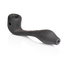 The Grav Sandblasted Classic Sherlock is a black, curved borosilicate glass hand pipe featuring a matte finish, rounded bowl, and tapered mouthpiece, shown resting on a white background.