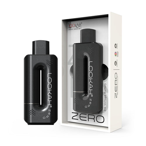 A black Lookah Zero 510 Thread Vaporizer with variable voltage is shown beside its white retail packaging featuring a clear window that displays the device and branding. Ideal for use with 510 tanks.