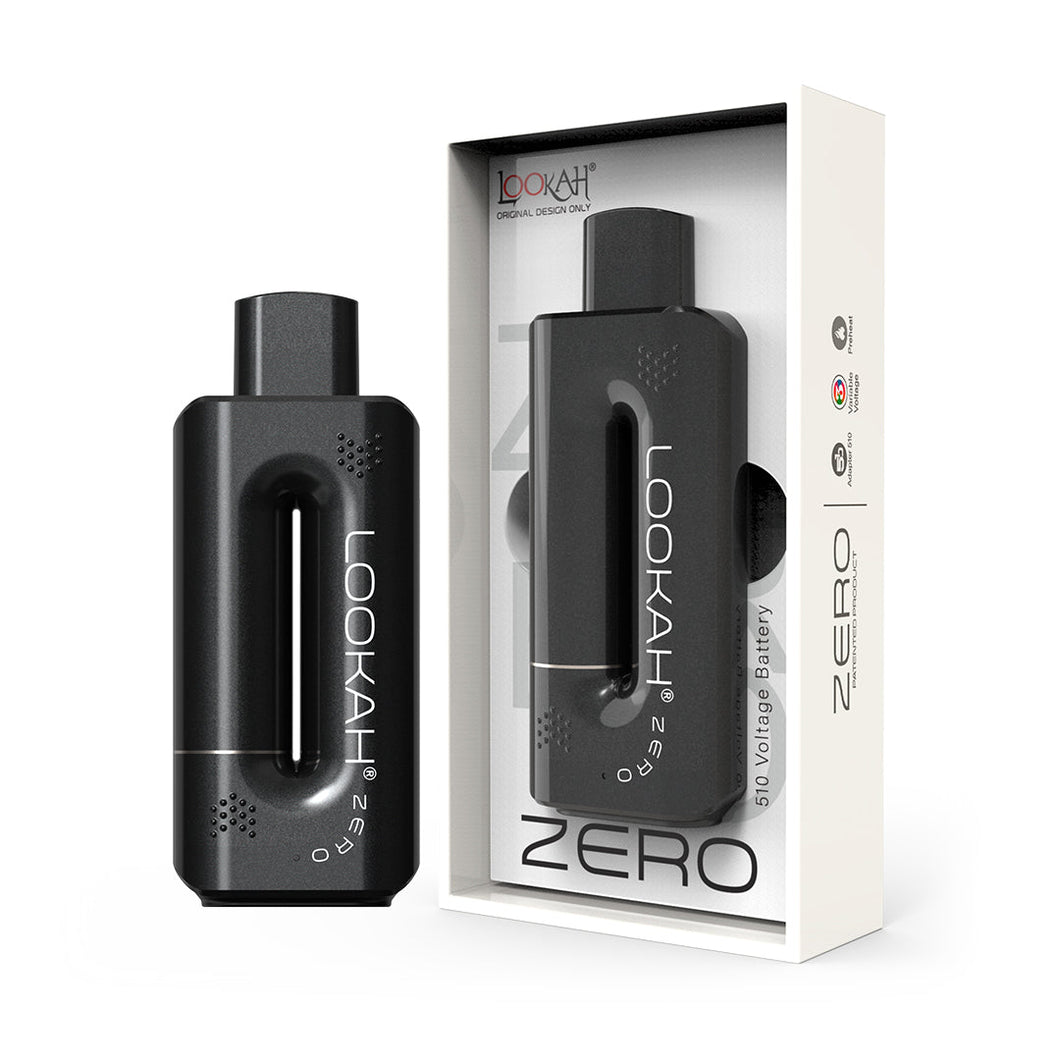 A black Lookah Zero 510 Thread Vaporizer with variable voltage is shown beside its white retail packaging featuring a clear window that displays the device and branding. Ideal for use with 510 tanks.