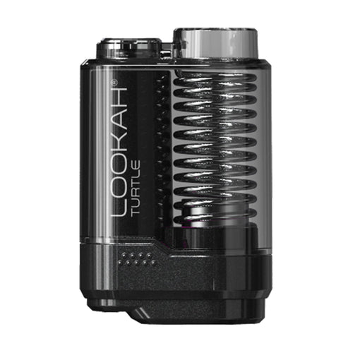 The Lookah Turtle Vaporizer 510 Thread Battery features a sleek black and silver rectangular design, variable voltage, an exposed spiral coil on the side, and is compatible with most 510 tanks.
