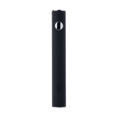 The Cartisan Button VV 900 Dual Charge (USB-C) 2G is a black cylindrical 510-threaded vape pen featuring a silver button near the top, shown upright against a white background.