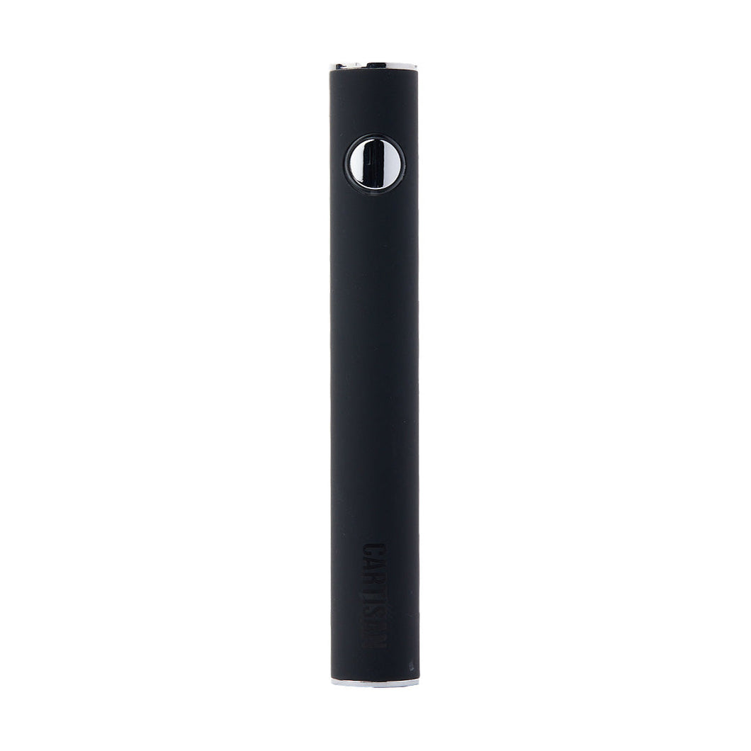 The Cartisan Button VV 900 Dual Charge (USB-C) 2G is a black cylindrical 510-threaded vape pen featuring a silver button near the top, shown upright against a white background.