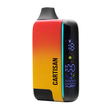 A red and yellow gradient Cartisan Veil Bar Pro EVO 510 Thread Battery Vape with a black mouthpiece, digital display, variable voltage, "CARTISAN" printed vertically on the side; compatible with most 510 tanks.