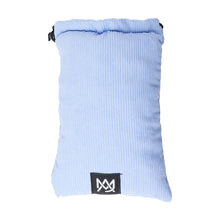 The MJ Arsenal Padded Drawstring Pouch is made of light blue ribbed fabric with a drawstring, designed for glass accessory storage. It features a black rectangular patch with a white geometric logo at the bottom center.