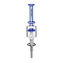 The Human Grade Shroom Nectar Collector is a clear Borosilicate Glass device with a blue-tinted syringe-style top, a glass chamber showcasing a blue and white Mushroom Perc inside, and a gray hose attached at the bottom.